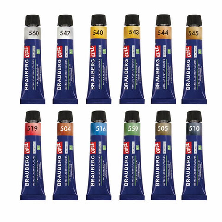 Краски акриловые художественные металлик BRAUBERG ART CLASSIC, набор 12 шт, в тубах 12 мл — картинка 3